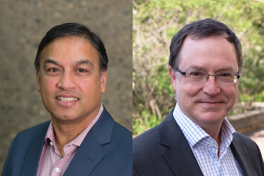 Left to right, USask researchers Dr. Nazeem Muhajarine (PhD) and Dr. Gary Groot (MD, PhD). (Photo: Submitted)