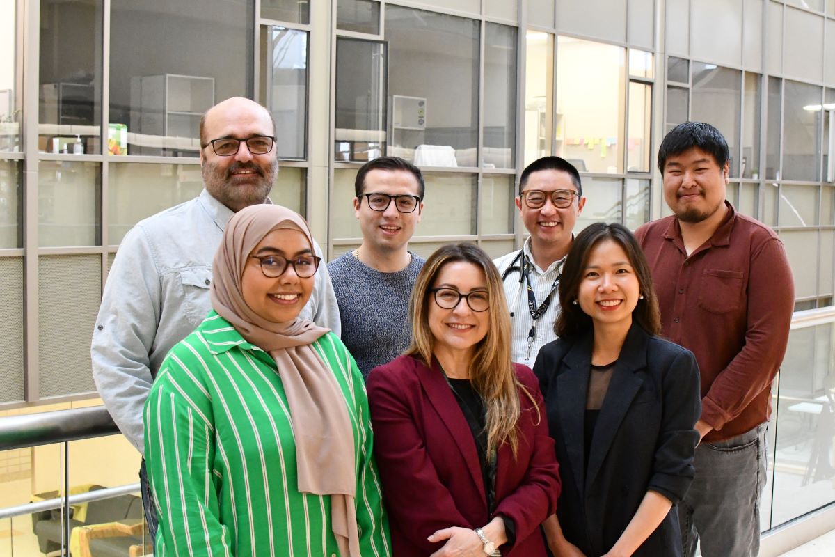 (back to front, L-to-R) Dr. Juan Ianowski (PhD), Nicolas Henao Romero, Dr. Julian Tam (MD), Dr. Xiaojie Luan (PhD), Jannatul Mustofa, Dr. Veronica Campanucci (PhD) and Dr. Yen Le (PhD) contributed to a paper on the role of a newly-identified cell type in cystic fibrosis. (Photo by Matt Olson)