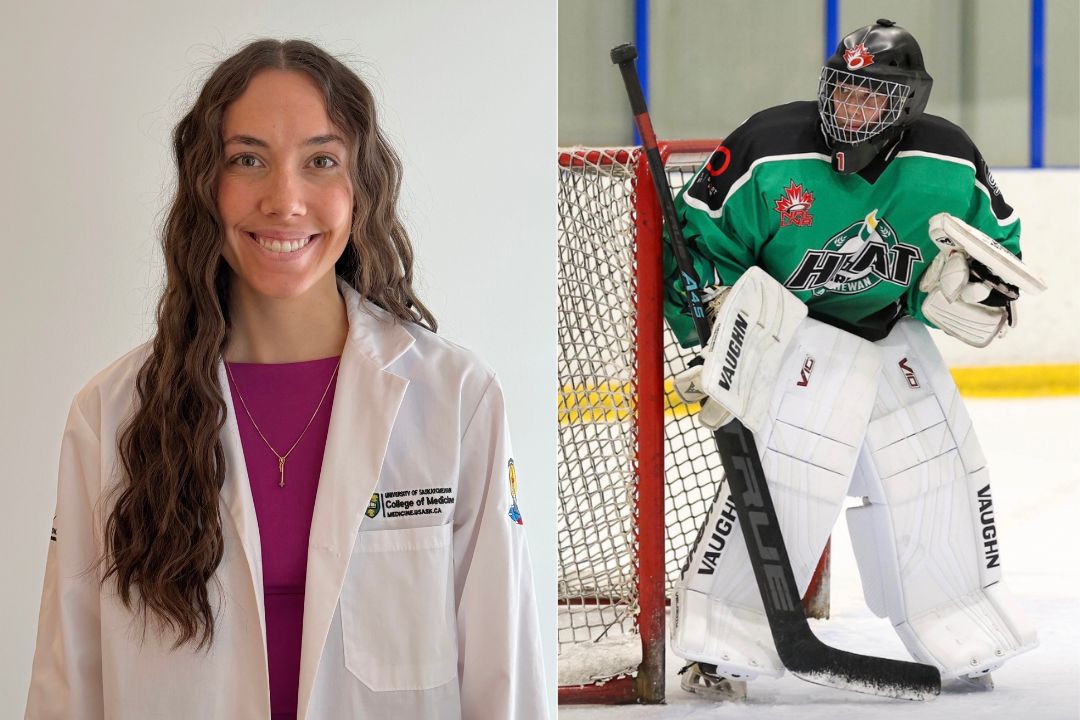 A home-grown path: Regina Campus learner Holly Kozan pursues her MD while balancing a busy schedule as an elite ringette goalie. Having the opportunity to study medicine at home allows Holly give back to the people who have supported her on her journey to being a difference maker in her community. (Photo credits: submitted; Darryl Gershman)