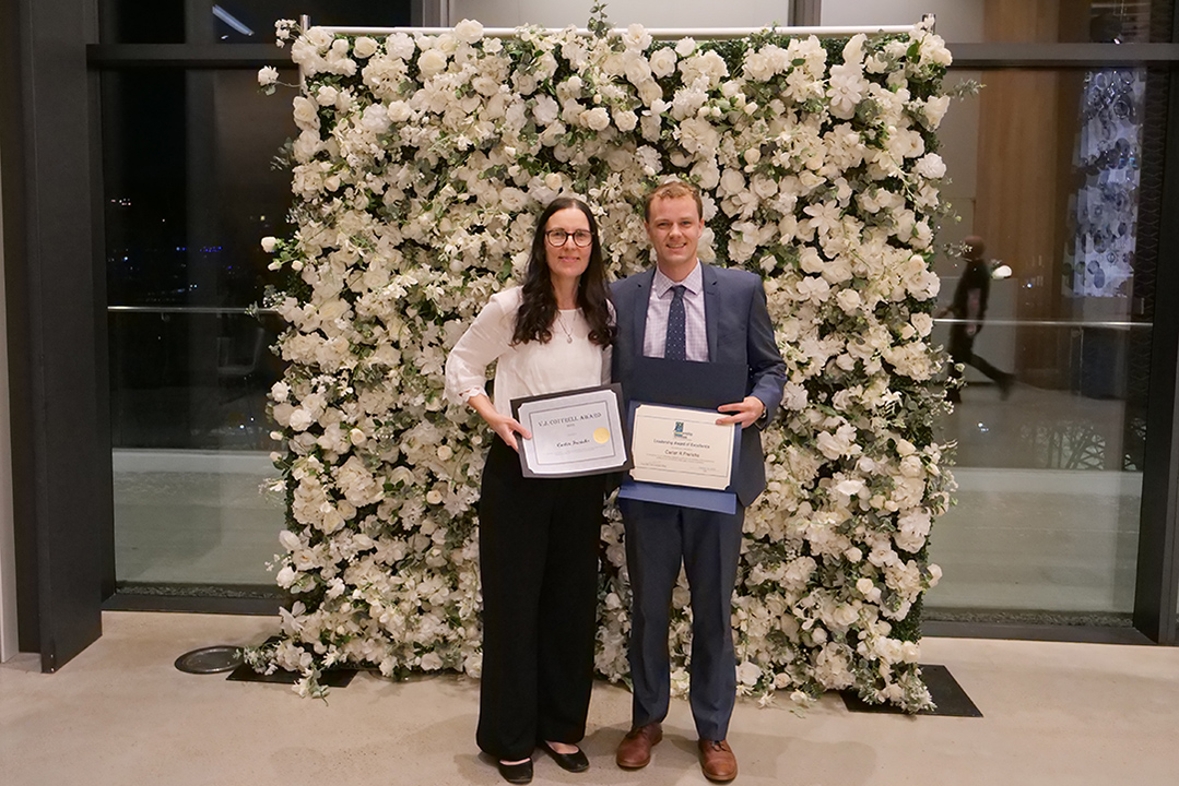 Master of Physical Therapy (MPT) instructor Rhonda Loeppky presented graduate Carter Frerichs with a student leadership award at the program’s Grad Banquet on November 30, 2025.  (Photo: submitted)