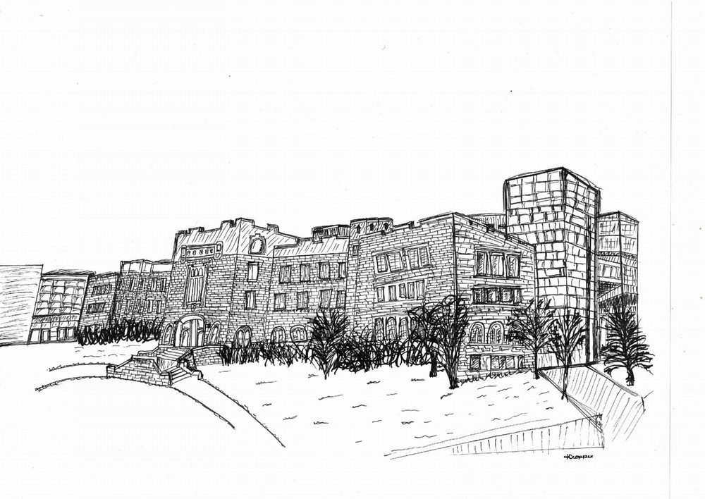 Hand drawing of HealthSciences building